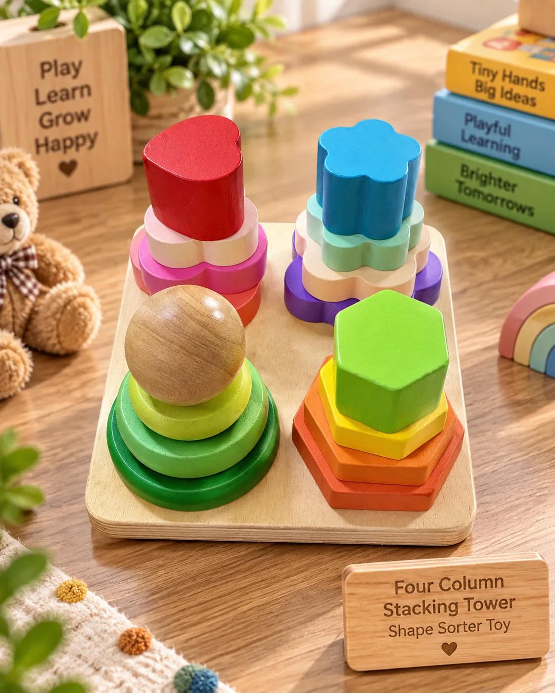 Wooden Four Column Stacking Tower Shape Sorter Toy
