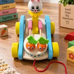 Wooden Bunny Pull-Along Toy Rabbit Cart with Wobbling Head