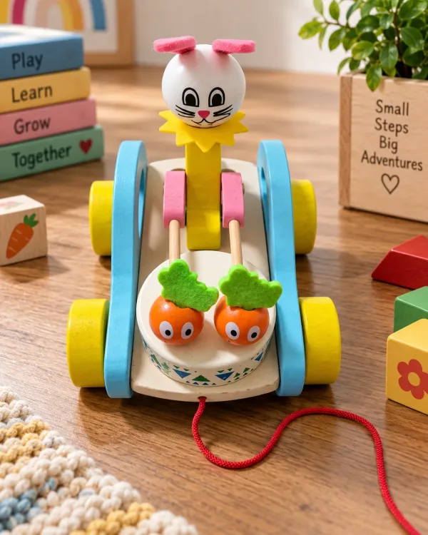 Wooden Bunny Pull-Along Toy Rabbit Cart with Wobbling Head