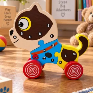 Wooden Cat Alphabet Puzzle with Wheels