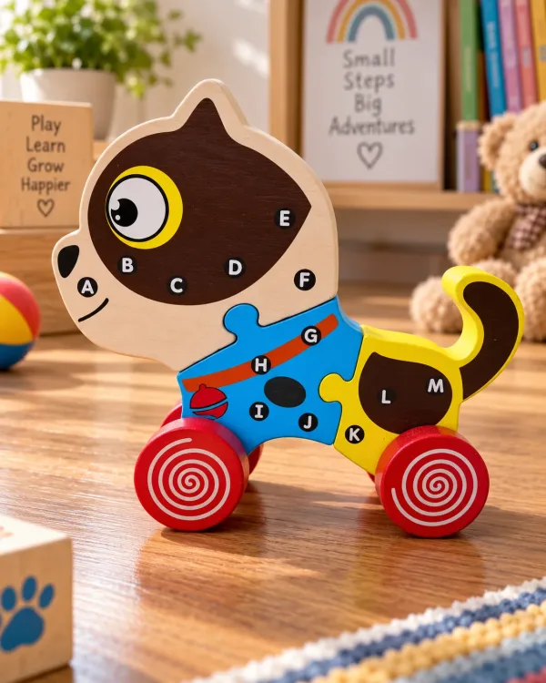 Wooden Cat Alphabet Puzzle with Wheels