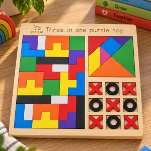 3-in-1 Wooden Puzzle Board Tic-Tac-Toe, Tangram & Tetris Puzzle