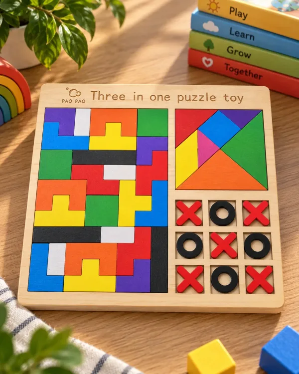 3-in-1 Wooden Puzzle Board Tic-Tac-Toe, Tangram & Tetris Puzzle