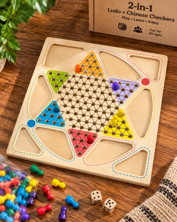 2-in-1 Ludo + Chinese Checkers Wooden Board Game