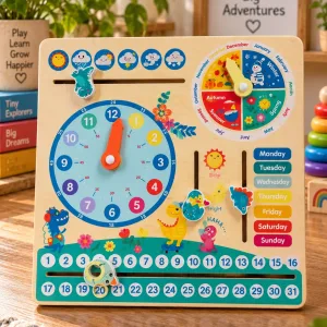 Wooden Calendar & Clock Learning Board Dinosaur Theme