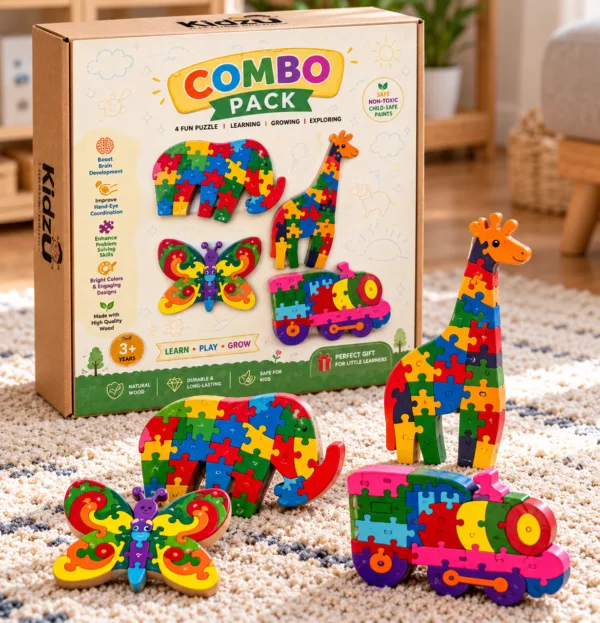 Kidzu Activity Kit Jungle Friends Wooden Puzzle Set (4-in-1)