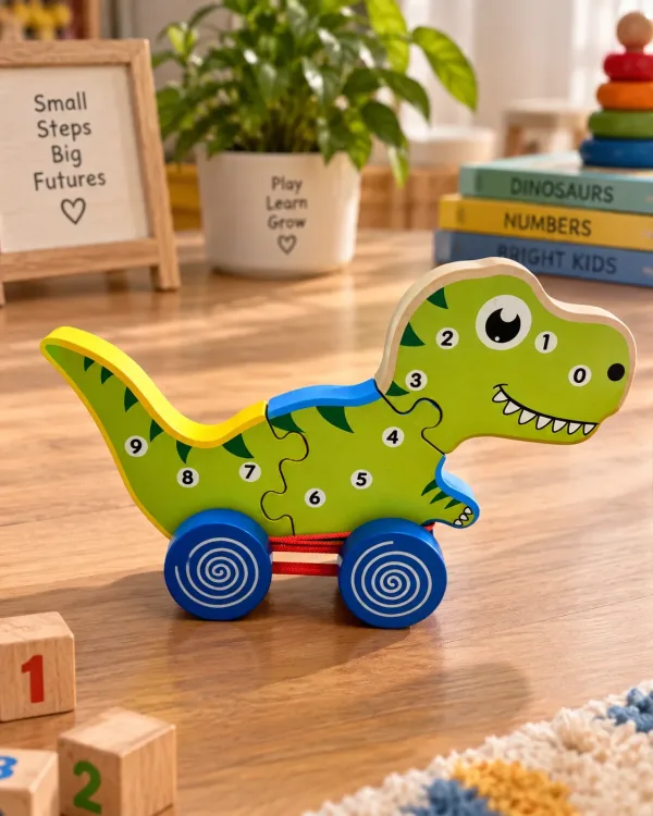 Wooden Dinosaur Number Puzzle with Wheels
