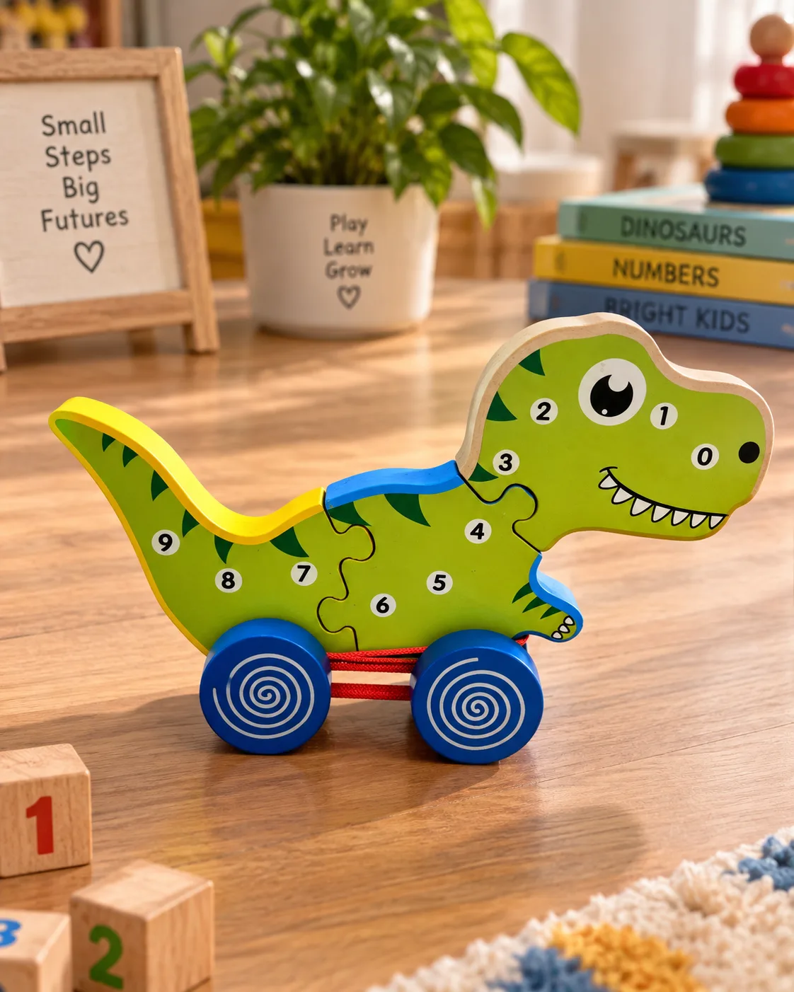 Wooden Dinosaur Number Puzzle with Wheels