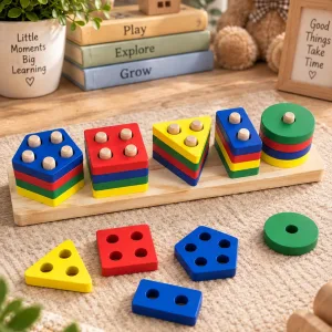 Wooden Geometric Shape Sorter & Stacking Toy
