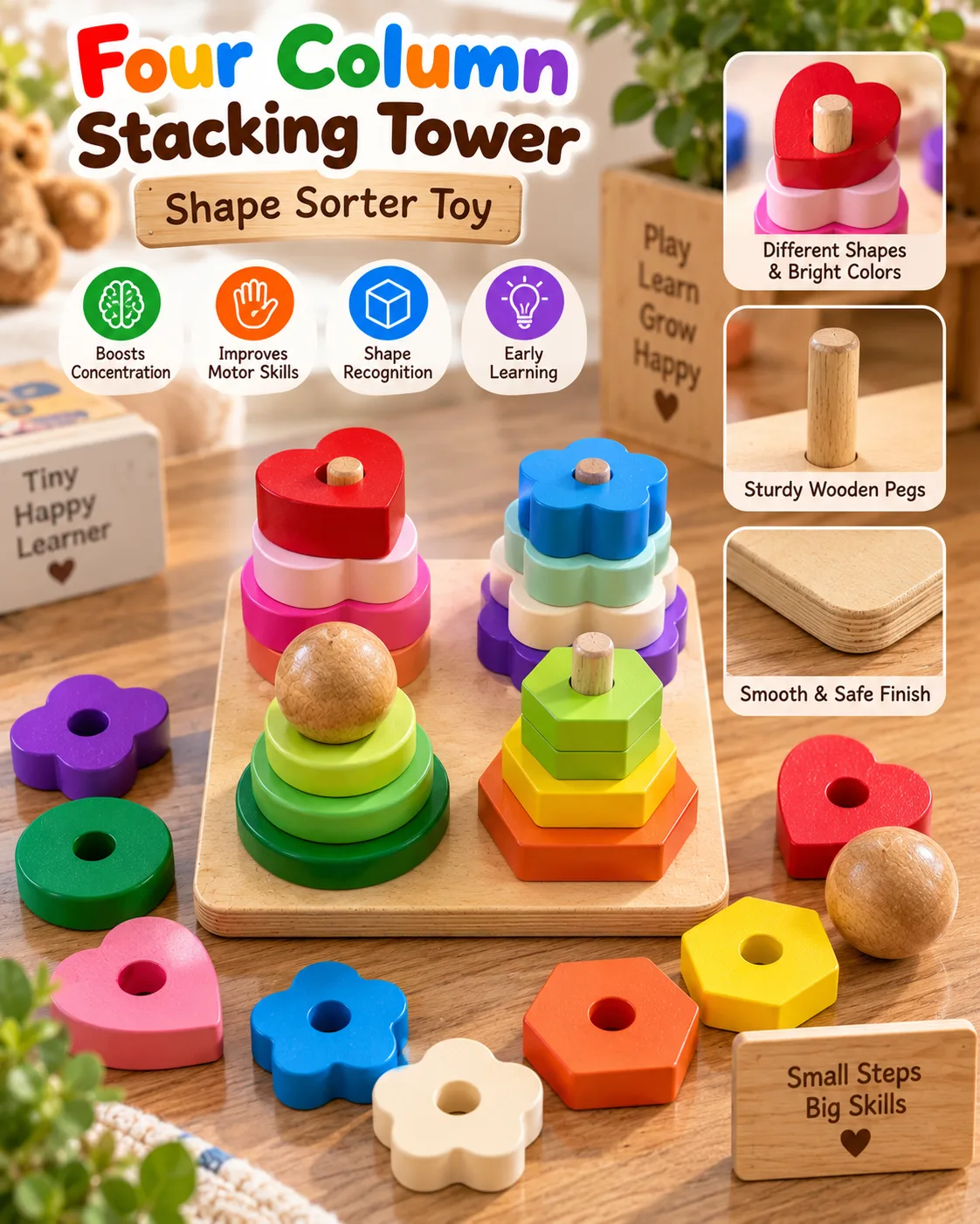 Wooden Four Column Stacking Tower Shape Sorter Toy - Image 4