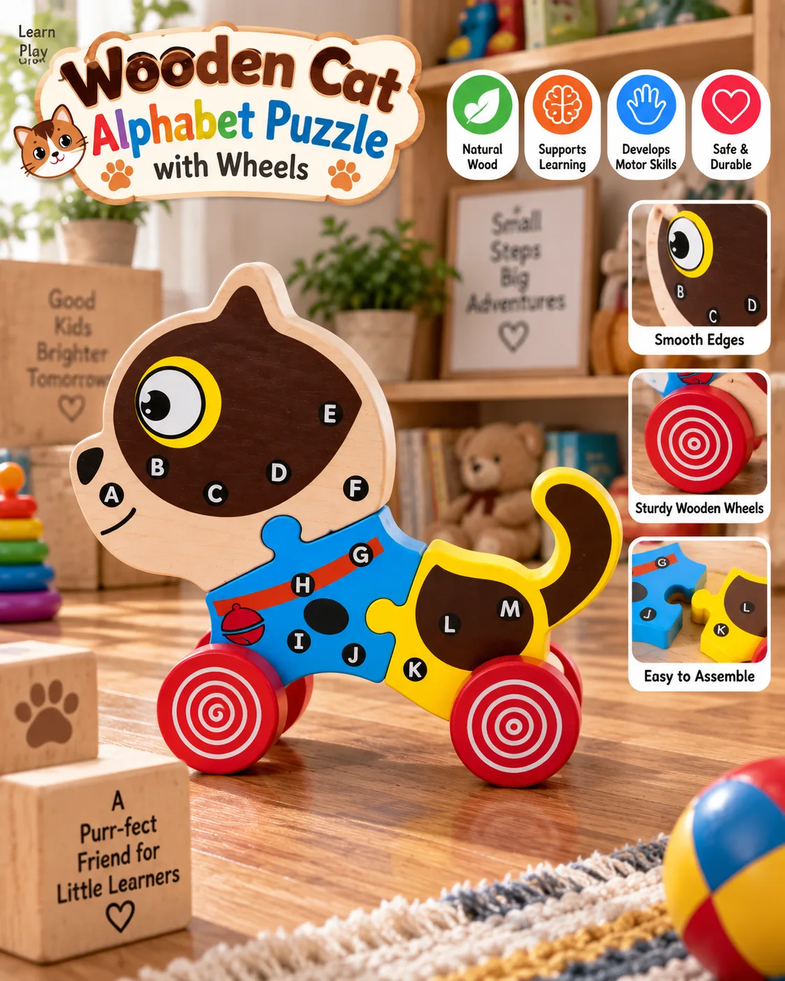 Wooden Cat Alphabet Puzzle with Wheels - Image 4