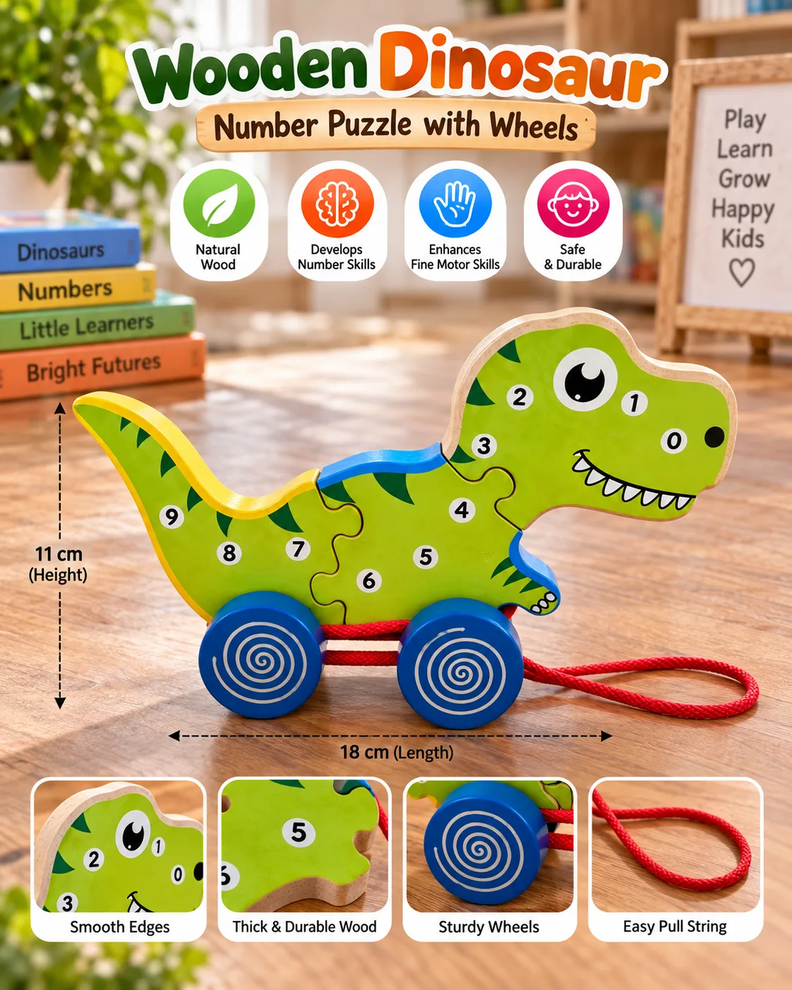 Wooden Dinosaur Number Puzzle with Wheels - Image 4