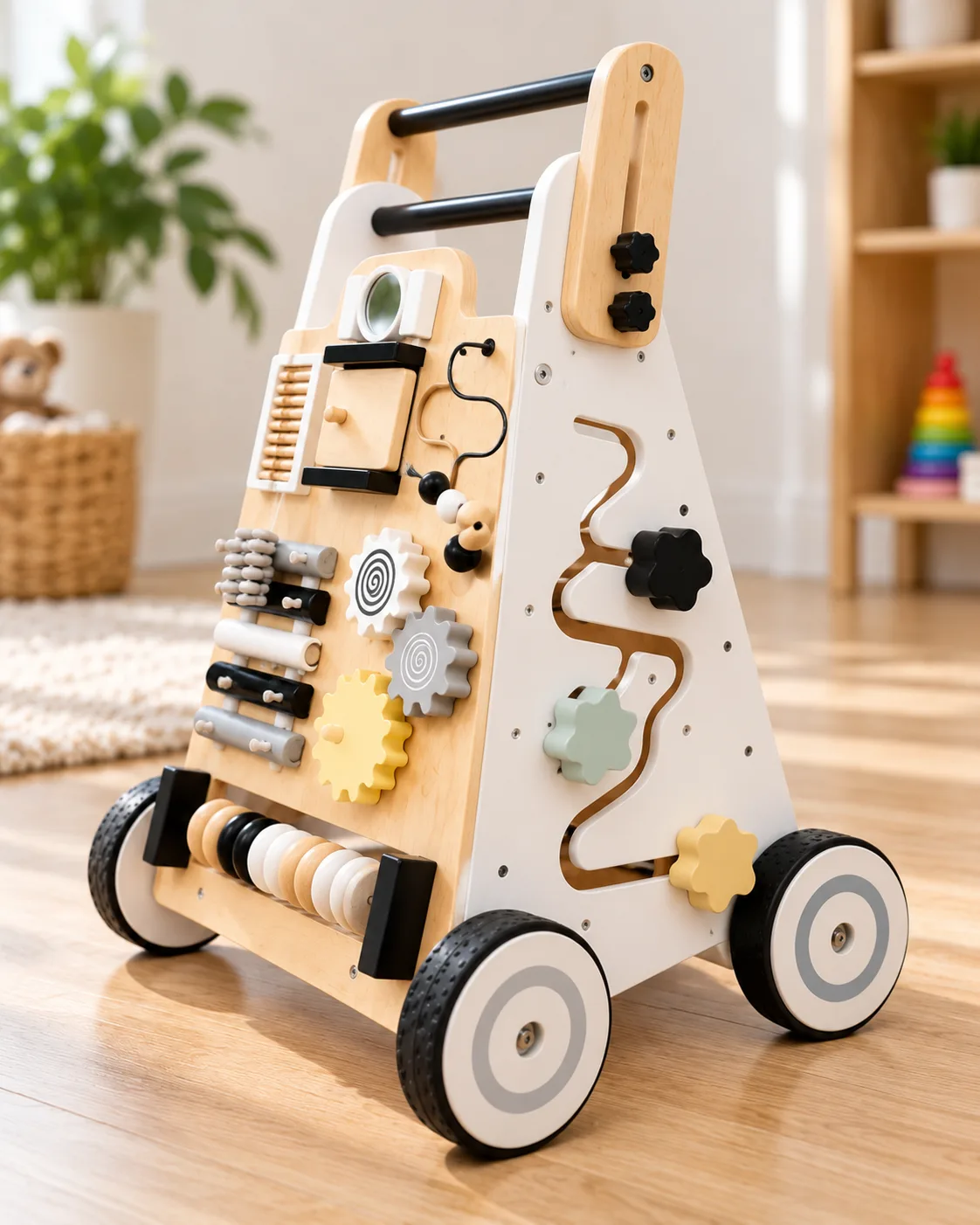 Wooden Baby Walker with Activity Panel Push Along Learning Toy