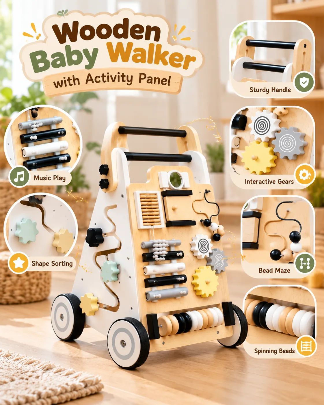 Wooden Baby Walker with Activity Panel Push Along Learning Toy - Image 4